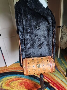 Authentic MCM Cognac Visetos Barrel Crossbody with Leather Trim